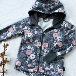 Kinder Softshelljacke mit Kapuze ROTE BLUMEN AUF GRAU